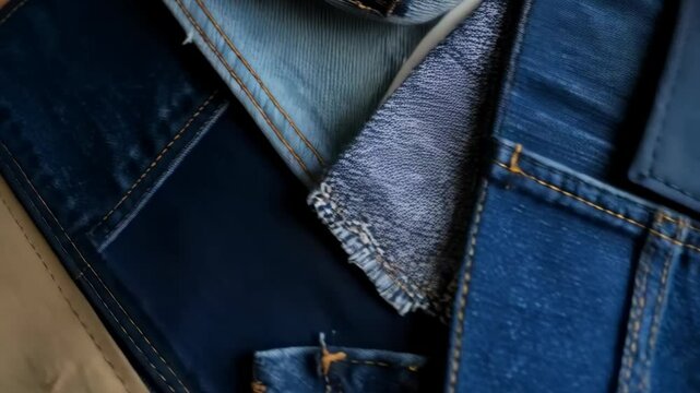Assortment of denim jeans material patches with blue tones, stitching and a dark blue leather tag. Close up studio shot.