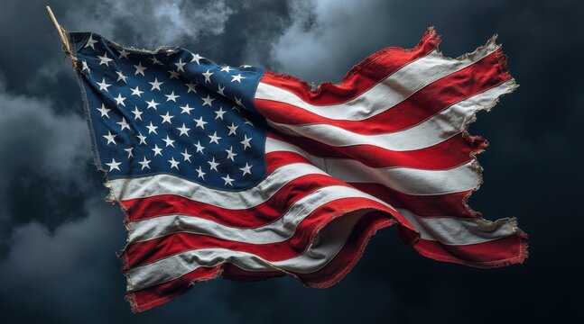 A tattered American flag waves against a dark, stormy sky, symbolizing resilience and endurance amid adversity.