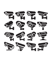 cctv icons, surveillance camera icons set silhouette vector on white background.