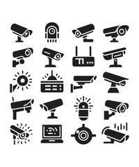 cctv icons, surveillance camera icons set silhouette vector on white background.