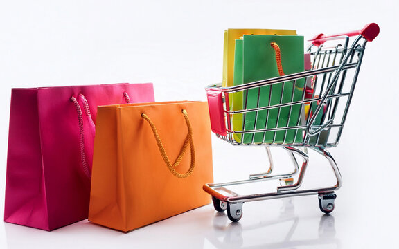 bolsas y paquetes junto a un carro carrito chango de compras, venta online, promociones, supermercado, marketing