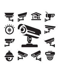 cctv icons, surveillance camera icons set silhouette vector on white background.