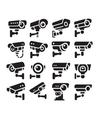 cctv icons, surveillance camera icons set silhouette vector on white background.