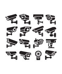 cctv icons, surveillance camera icons set silhouette vector on white background.