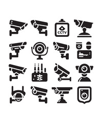 cctv icons, surveillance camera icons set silhouette vector on white background.