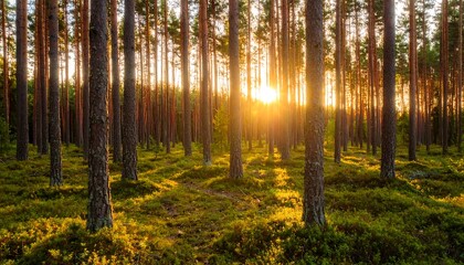 Obraz premium Golden sunlight through pine trees