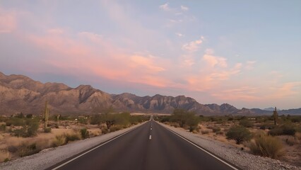 Fototapeta premium Minimalist Desert Road at Sunset with Pastel Sky and Distant Mountains. 