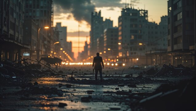 A lone figure surveys a destroyed city, a post-apocalyptic scene at dusk.