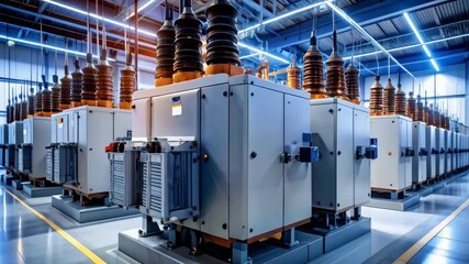 Electric power substation with high-voltage equipment lined up in an industrial factory hall, interior with transformers and insulators for energy transmission