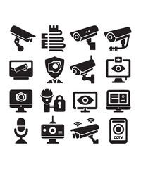 cctv icons, surveillance camera icons set silhouette vector on white background.