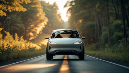 Naklejka premium A modern electric car is seen driving on a road surrounded by a beautiful forest on a sunny day.