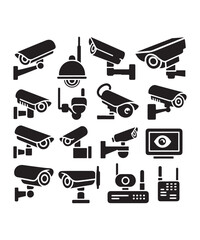 cctv icons, surveillance camera icons set silhouette vector on white background.