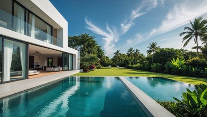 Fototapeta premium A modern luxury villa boasts a serene pool, lush tropical garden, and a perfect blue sky.