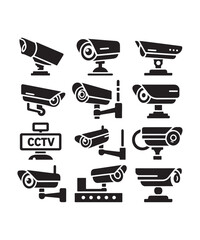 cctv icons, surveillance camera icons set silhouette vector on white background.