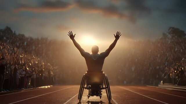 Paralympic athlete in wheelchair celebrates triumph on track. Tracking shot. 4K.
