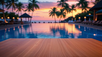 Fototapeta premium Stunning sunset over a tropical resort pool creates a beautiful, peaceful scene.