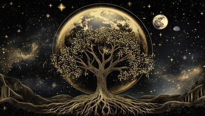 Golden cosmic tree of life in starry night.