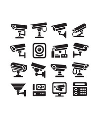 cctv icons, surveillance camera icons set silhouette vector on white background.