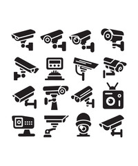 cctv icons, surveillance camera icons set silhouette vector on white background.