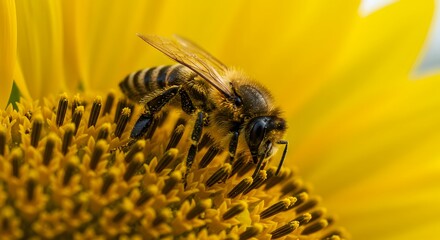 Honeybee Pollinating Sunflower Close-Up
