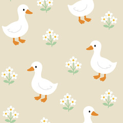 Pattern Cute white duck with white flower seamless on beige background.