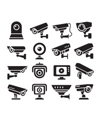 cctv icons, surveillance camera icons set silhouette vector on white background.