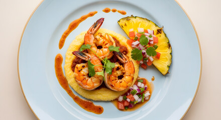 Grilled Shrimp with Polenta, Salsa, and Pineapple on a Light Blue Plate