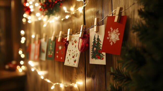 Festive christmas cards hang on a rustic wooden wall.