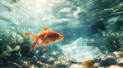 Underwater Tranquility Captures a Fish Exploring a Transparent Plastic Bag Amid Serene Waters