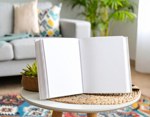 Blank Book Mockup on Coffee Table with Home Decor and Colorful Rug for Interior Display