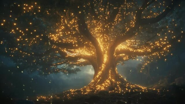 Magical particles emanate from yggdrasil, the tree of life, illuminating a mystical forest with an ethereal glow, creating a captivating scene of norse mythology