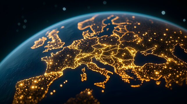 The image shows a nighttime view of Europe from space, with city lights illuminating the continent's borders and major population centers.
