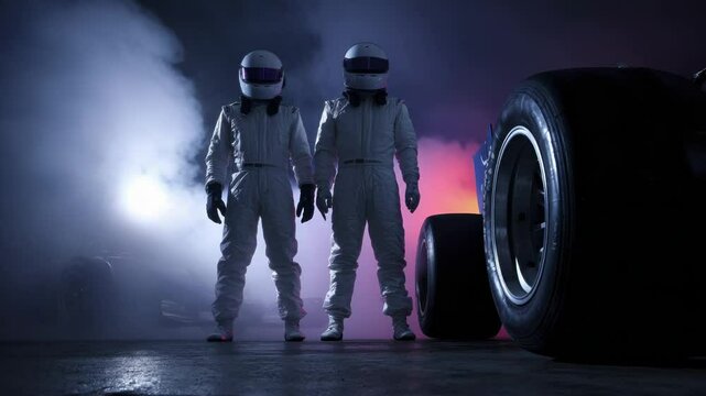 Two Anonymous Racers in White Suits and Helmets Stand Near Racing Car in Dramatic Light