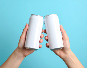 Cheers. Browse holding two white cans against light blue background. Mockup. Beer