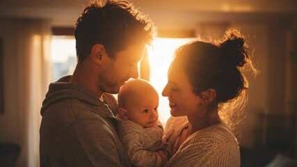 Loving family moment with newborn baby warm sunlight interior portrait