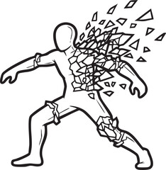 A line art drawing of a human figure with one side dissolving into geometric shards, symbolizing transformation or disintegration