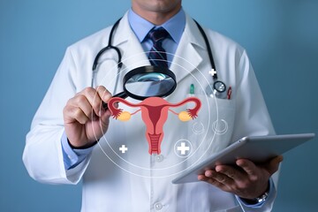 Women’s Health Check Concept – Doctor Holding Magnifying Glass with Uterus Symbol Representing Female Reproductive System Screening, PCOS, and Cervical Cancer Prevention