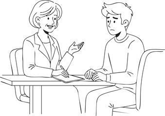 A detailed vector illustration in outline style depicting a one-on-one therapy session, showcasing a mental health professional.