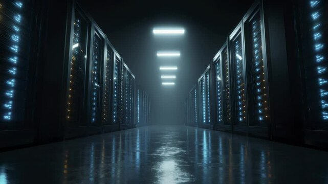 Row of Server Racks in a Data Center with Illuminated Panels