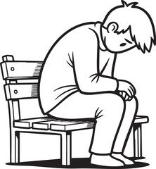 line art drawing of a young man sitting on a park bench with his head down, appearing sad or contemplative