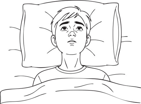 A black and white illustration from an overhead view of a person lying in bed with eyes open, suggesting wakefulness or contemplation