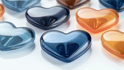 Close-up of many translucent heart-shaped objects