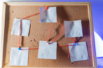 Detective investigation board with blank evidence cards connected by red thread on cork background