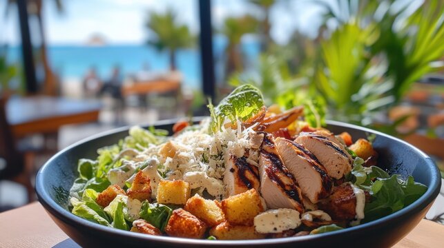 Delicious caesar salad with grilled chicken breast served against ocean view