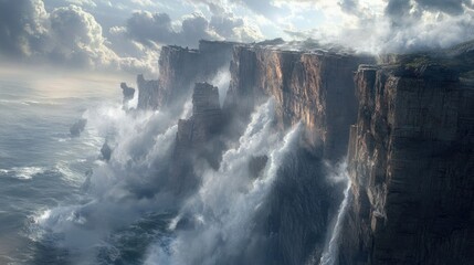 Dramatic coastal cliffs meeting the turbulent ocean under a cloudy sky