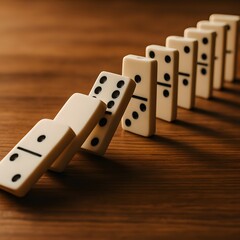 Domino effect: a row of falling dominoes on a wooden surface. Concept of chain reaction, consequence, crisis, or cause and effect