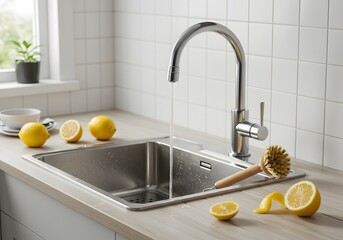Kitchen sink with running water, fresh lemons, and a wooden scrub brush. Cleaning, fresh produce, and healthy living concepts in a modern home