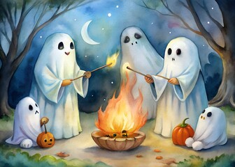 Obraz premium Ghost Family Roasting Marshmallows Watercolor
