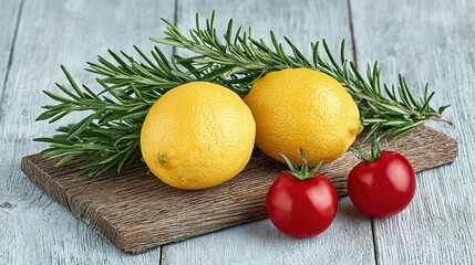 Two lemons and two cherry tomatoes rest on a wooden cutting board with fresh rosemary.