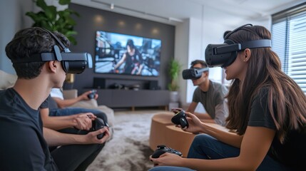 Group of friends immersed in virtual reality gaming in a modern living room setup